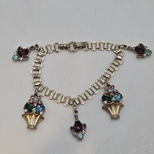 Vintage Book Chain Victorian Revival Gold Tone Rhinestone Charm Bracelet 6.5"